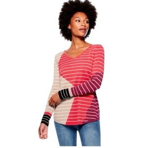 NIC+ZOE Angled Stripe Vital V Neck Sweater Size Large NWOT Oatmeal Pink Crimson